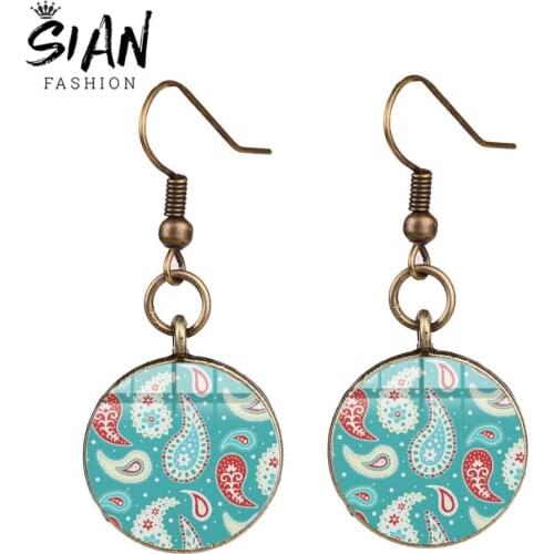 SIAN Bohemia Paisley Style Long Earrings Hippie Mandala Yoga Symbol Round Gem Bronze Silver Color Unique Gift for Women Earring