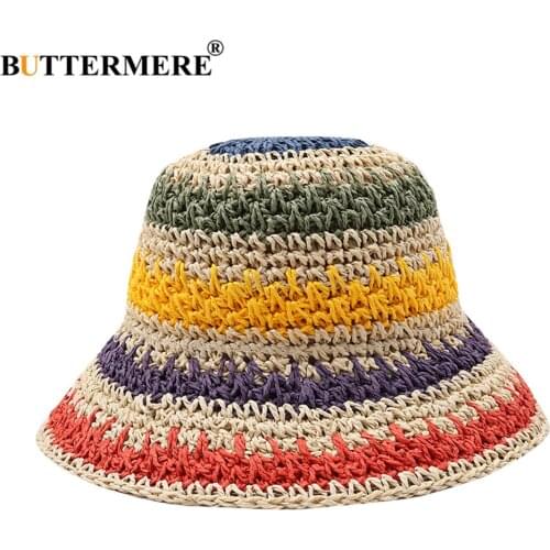 BUTTERMERE Bucket Hat Women Beach Travel Summer Hat Bohemian Crochet Straw Hat Colorful Stripe Wide Brim Foldable Womens Sun Hat