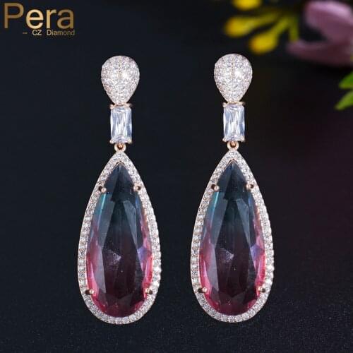 Pera Exclusive Design Gradient Colorful CZ Crystal Light Gold Long Dangle Water Drop Earrings for Women Engagement Jewelry E769