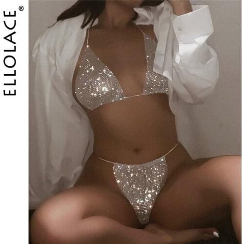 Ellolace Bling Rhinestones Fishnet Bikini Women Halter Bra Sexy Panty 2 Piece Outfits Lady Lingerie Set Sexy Swimwear Women