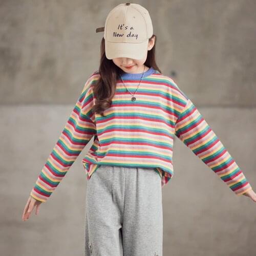 10 12 years Kids Girls Color Striped Tops Long Sleeve Spring Autumn Teen Girls T-shirt 2021 New
