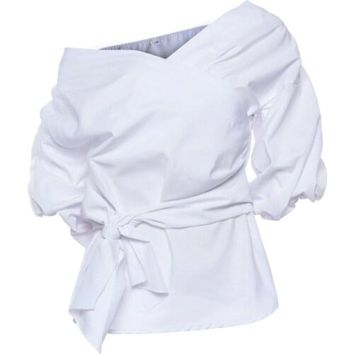 KL676 Women sexy V-neck puff sleeve sashes white blouse shirt spring off shoulder top blusas feminina