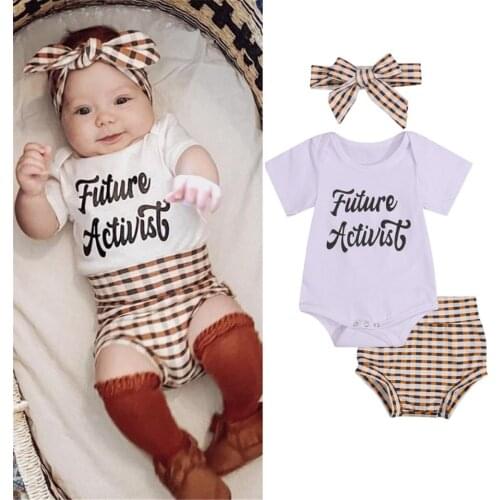 3pcs Summer Newborn Baby Girls Clothes Set Baby Letter Bodysuit Top+PP Shorts+headband Outfits Set 3-18 Months Clothing