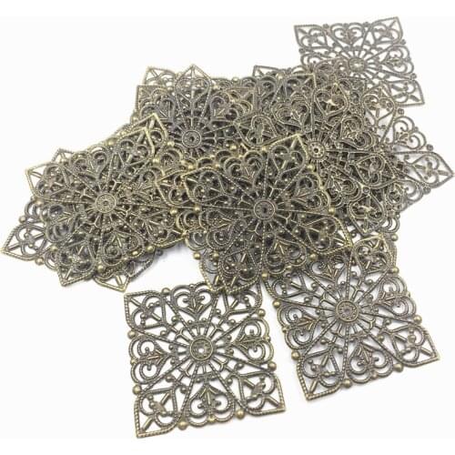 10Pcs Embellishments Connectors Antique Bronze Tone Square Filigree Wraps Alloy Hollow Jewelry Making DIY Findings 40mm