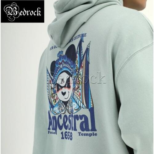 MBBCAR Chinese opera cultural elements 360g heavy thick grass green loose shoulder retro hooded pullover cotton hoodie men