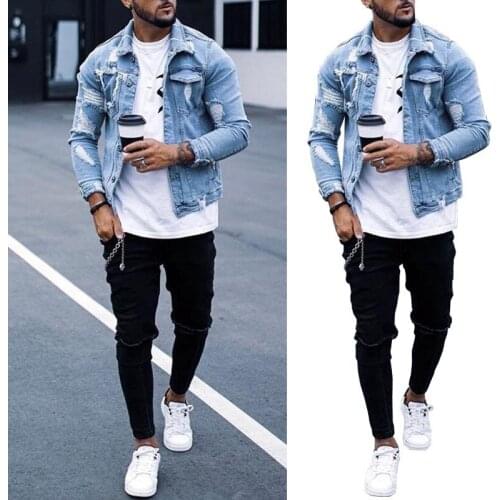Jacket Men Denim Jacket Distressed Hole Washed Jacket Retro Mens Distressed Denim Jacket