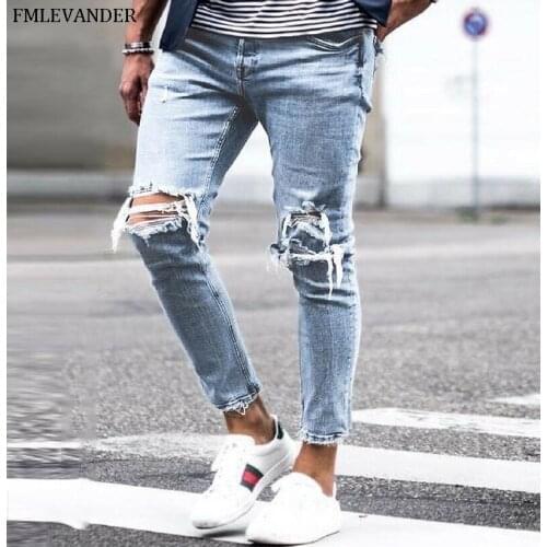 New Fashion Soft Elastic Skinny Jeans hombre Pencil Pants Ripped Men Jeans