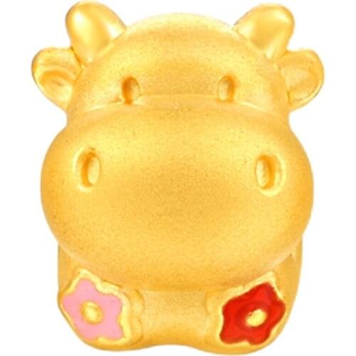 New 24K Yellow Gold Bracelet 3D 999 Gold Chinese zodiac Flower Cattle Bracelet