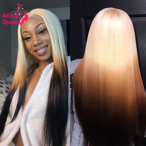 Brazilian Remy Long Straight Ombre 613 Blonde Color Lace Front Wigs Glueless 30 Inch Hd Transparent Lace Frontal Wigs PrePlucked