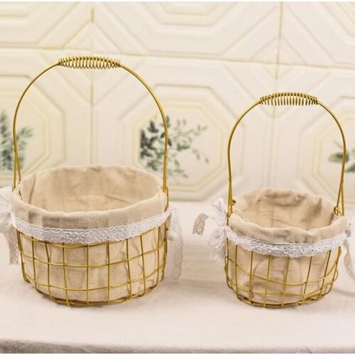 1PCS Portable Handmade Woven Iron Storage Basket With Handle Design Plant Hanger Basket For Flowers Fruits Home Accessories