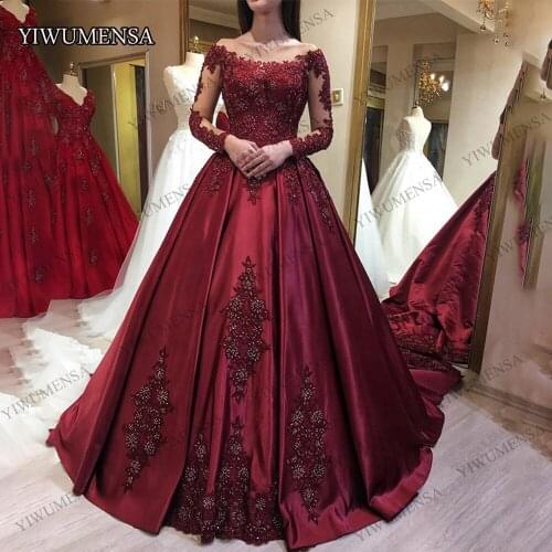 Burgundy Long Sleeve Stain A Line Prom Dress 2020 Custom Made Appliques Crystals Beading Formal Evening Party Gowns New Arrival