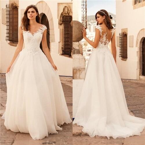 Ivory A-Line Wedding Dress Illusion Neckline with Applqiues Floor Length Vestido De Noiva 2020 New