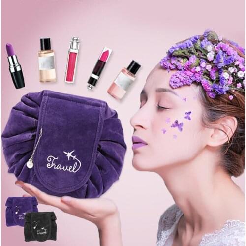 Portable Stylish Drawstring Type Flannel Travel Cosmetic Bag ​Brushs Makeup Tool High Capacity Storage Organizer Toiletry Bags