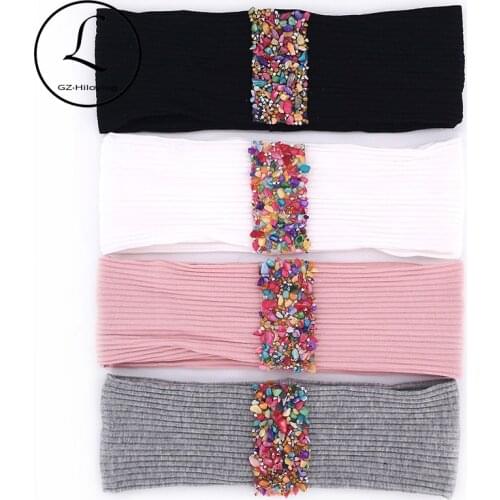 GZHilovingL Woman Cotton Colorful Stones Ribbon Headbands Headwear Boho Soft Ribbed Elastic Hair band Accessories Party Turban