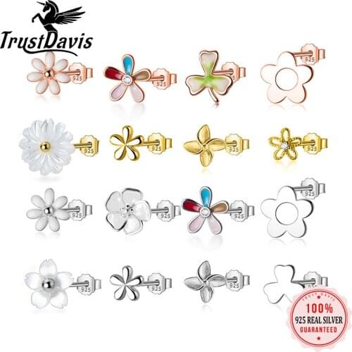 Trustdavis Real 925 Sterling Silver Fashion Color Glaze Flower Charm Stud Earrings For Women Wedding Party Fine Jewelry DA2169