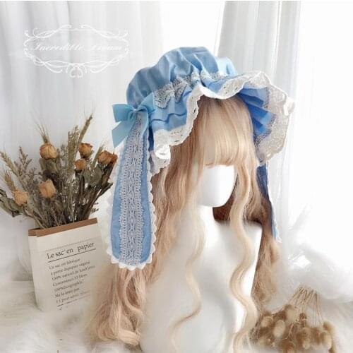 Kawaii Lolita Handmade Pure Cotton Lace Bowknot BB Hat Nightcap Matched With Babaydoll Cosplay Lovely Rabbit Ears Cap Headwear