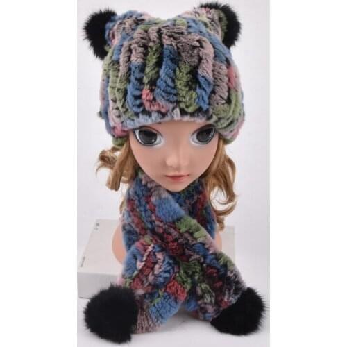 Winter Fur Hats for Girls Real Fur Rex Rabbit Trapper Hat with balls Kids pompom knitted hat hand knitted beanies Ring scarf