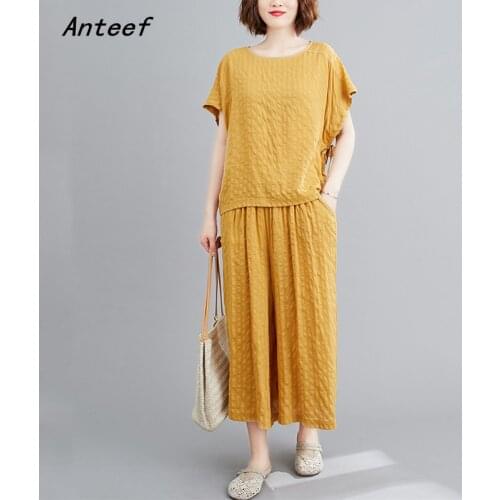 Cotton plus size vintage summer casual 2 two piece set loose tee t shirt women t-shirt ladies tshirt 2021 tops wide leg pants