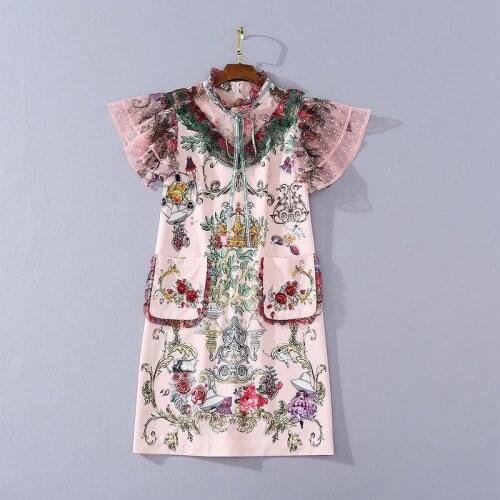 Womens American European and clothing 2021 summer new style Short - sleeved standneck bow Fashion vintage printed pink dress