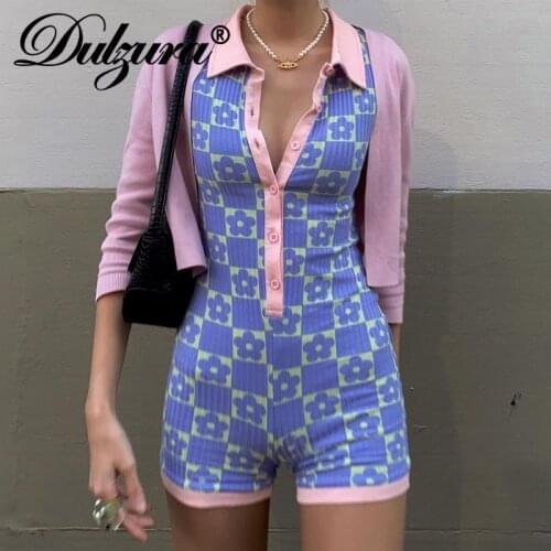 Dulzura Ribbed Floral Print Short Sleeve Playsuit Turn Down Collar Buttons Patchwork Bodycon Streetwear Casual Women 2021 Summer