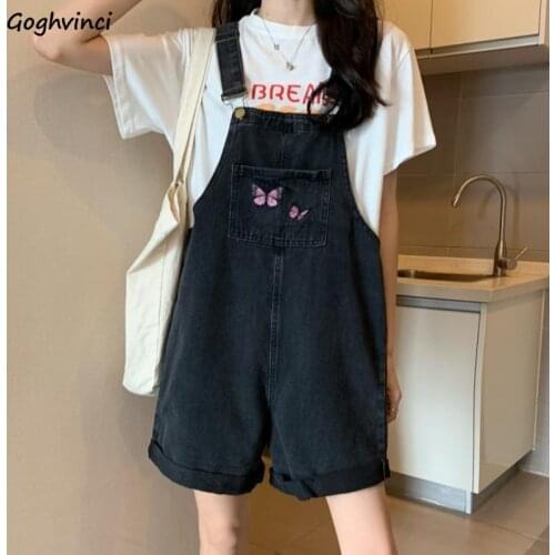 Denim Rompers Women Sleeveless Loose Butterfly Embroidery Fashion Retro Chic Ulzzang Harajuku High Waist Vintage Teens Casual