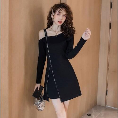 Spring Autumn Womens Black Long-sleeved Dress New Korean Temperament Sexy Strapless Strap Bottoming Dress Women GD513