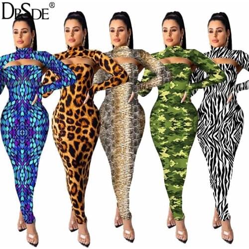 DPSDE Leopard Grain Women Two Pieces Set Full Sleeve Fish Scale Hollow Out Sexy Top New 2020 Zebra Streetwear Bodycon Long Dress