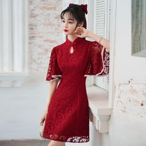 Sweet Vintage Lace Cheongsam Female Summer Chinese Dress Qipao Retro Improved Modern Chic Girl Elegant Qipao Vestidos 30976