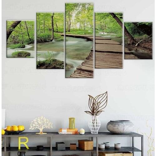 5 Panel HD Print Green forest wood bridge wall posters Print On Canvas Art Painting For home living room decoration