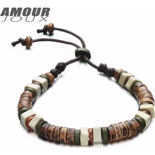 AMOURJOUX Ethnic Style Handmade Clay Beads Charm Bracelets For Men Women Vintage Size Adjustable Hand Wrist Bracelet