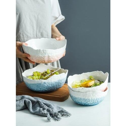 Household Fruit Salad Bowl Ceramic Nordic Large Soup Bowl Household Dessert Bowl Irregular Hammer Texture Tableware 7 Inch