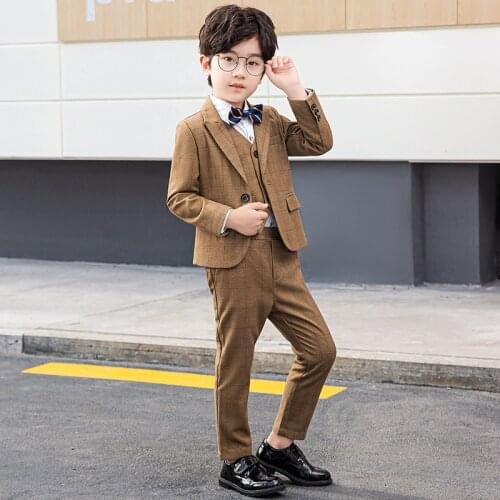 Flower Boys Khaki Wedding Photography Suit Kids Prom Party Tuxedo Dress Childrens Day Pinao Performance Costume school uniform