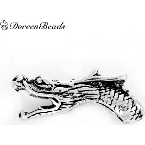 DoreenBeads Zinc Based Alloy Spacer Beads Dragon Head Antique Silver Color DIY Making Fashion Jewelry About 38mm x 14mm, 5 PCs