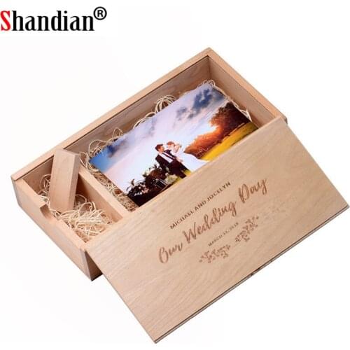 SHANDIAN Free Custom logo USB flash drive Unique Photo Album Walnut Wooden Box Pen drive 64GB Pendrive Personalized Wedding Gift