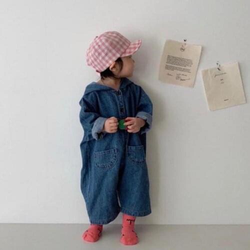 2021 Autumn New Baby Girl Loose Denim Romper Long Sleeve Kids Hooded Jumpsuit For Boys Denim Overalls Infant Toddler Clothing