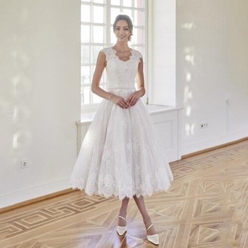 Tea Length Lace Wedding Dress Classic Cap Sleeve Sweetheart A Line Bridal Gowns Robe De Mariee Cheap Wedding Party Dresses