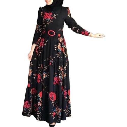 Muslim Abaya Dress Women Ethnic Floral Print Belt Maxi Kaftan Robe Long Sleeve Plus Size Women Dress