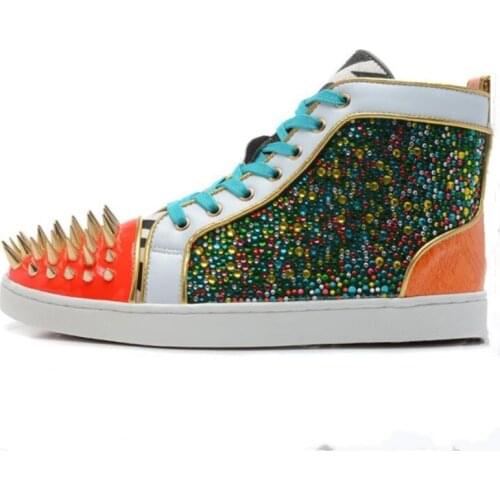 Mixed color rivet casual sports mens shoes fashion nail crystal lace mens sports shoes leather suede Strass breathable mens s