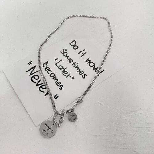 Origin Summer Smile Face Letter Circle Stainless Steel Pendant Necklace for Women Metal Toggle Clasp Asymmetric Necklace Jewelry