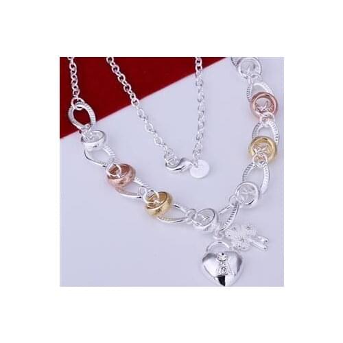 N212 Silver Color Necklaces Silver 925 Jewelry Pendant Fashion Jewelry Inlaid Heart Lock And Flower Key /bzvakrca Clnalcua