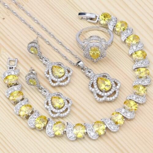 Silver 925 Jewelry Set For Women Anniversary Accessories Yellow Cubic Zirconia Earrings Necklace Bracelet Pendant Ring