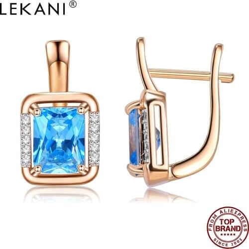 LEKANI Exquisite Clip Earrings For Women Fine Jewelry Blue Square Crystal Elegant Drop Earrings Female Birthday Party Gift New