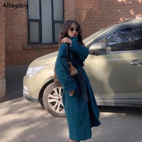 Solid Trench Women Blue Sash Pockets Korean Style Chic Trendy Popular Elegant Loose College Students Streetwear Spring Autumn