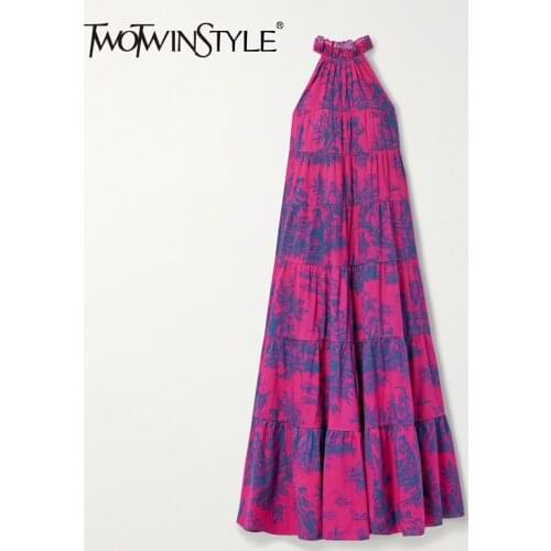 TWOTWINSTYLE Bohemian Print Casual Dress For Women Stand Collar Sleeveless Loose Midi Dresses Female 2021 Fashion Clothing Style