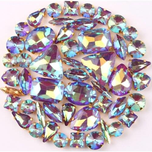 Gold claw setting 50pcs/bag shapes mix jelly candy Lt amethyst AB glass crystal sew on rhinestone wedding dress shoes bags diy