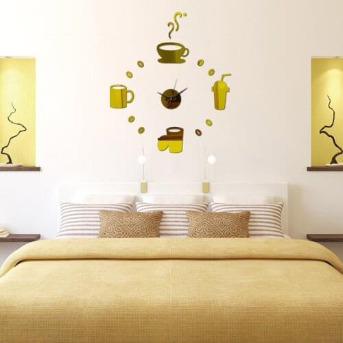 3D Mirror Wall Clock Self Adhesive Modern Mute Acrylic Art Analog Kitchen DIY Coffee Cups Decor Dropship