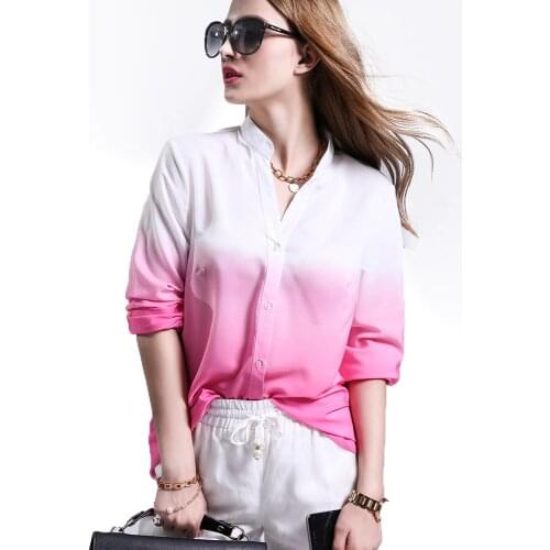 Singwing V-neck Long Sleeve Shirts Women Blouse Gradual Change Pink Blue Color Casual Blouses Style Females Shirts Tops