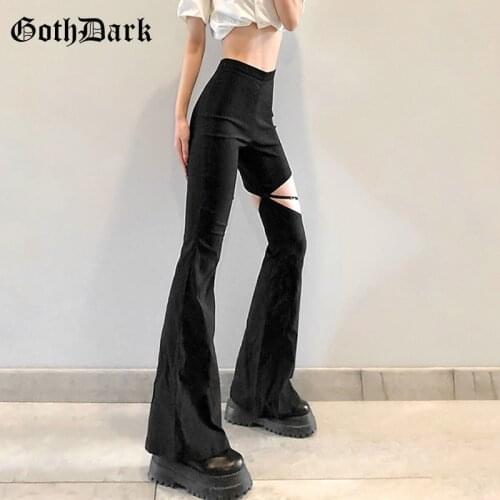 Goth Dark Punk Y2k Black Women Flare Pants Gothic E-Girl Grunge High Waist Hollow Out Trousers Fashion Patchwork Summer Clothes