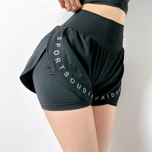 Yushuhua Womens High Waist Sports Short Letter Workout Running Fitness Leggings Female Gym Jogging Fake Two Yoga Shorts Summer