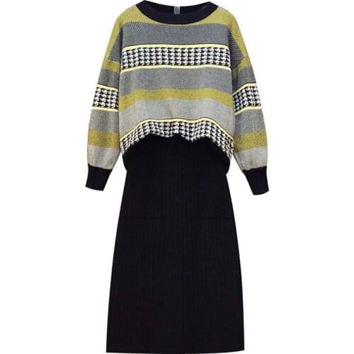 Women Sweater Skirt 2 PCS Set 2020 Autumn Winter Loose Striped Pullover Knit Top + Pocket Split Skirt Suit Womens Tracksuit 5XL